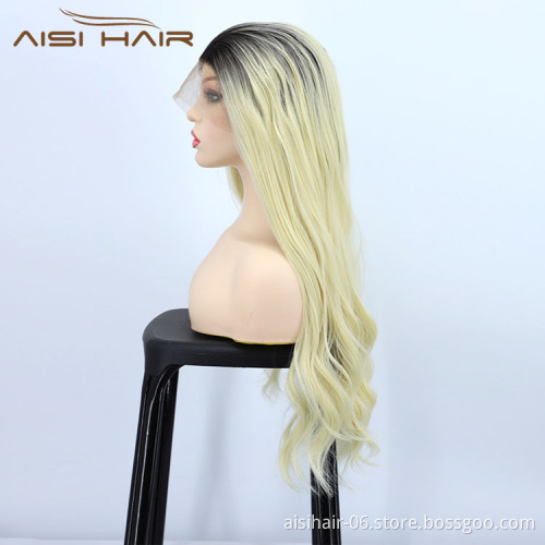 Aisi Hair Cheap Vendor Popular Long Wavy Curly Body Wave Ombre Blonde Lace Frontal Synthetic Hair For Black Women Lace Front Wig